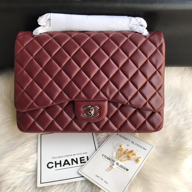 Chanel 2.55 Classic A58601 Sheepskin Silver Buckle Wine Red